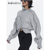 TWOTWINSTYLE Solid Patchwork Zipper Streetwear Sweatshirts For Women Tuntleneck Long Sleeve Pullover Sweatshirt Female Fahion