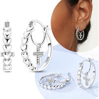 Original 925 Sterling Silver Annular Heart Cross Zircon Drop Hoop Earrings For Women Party Wedding Jewelry Gift