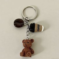 1 Cute Bear Coffee Charm Keychain - Brown (Coffee Bean Color), with Metal Ring Closure - Gift for Birthdays and Coffee Lovers, Party Favors, Bag and Notebook Decoration - Women's Fashion Accessory,