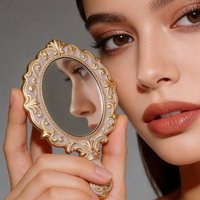 Vintage Handheld Makeup Mirror Exquisite Embossed Golden Frame Oval Portable Vanity Mirror for Ladies Retro Cosmetic Mirror