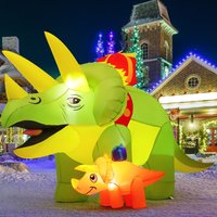 7.5 FT Length Christmas Inflatables Green Triceratops Dinosaur with Baby Dino Blow Up Yard Decorations LED Lights Outdoor Toys