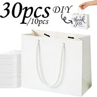 30/10pcs White Gift Wrap Bags with Handles, 8.6x3.9x7 inches Kraft Paper Bags, Heavy Duty Totes for Wedding, Grocery, Birthdays.