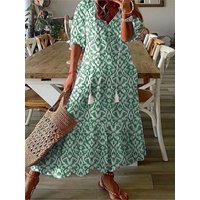Elegant Boho Floral Print Beach Long Dresses For Women Fashion RufflesV-neck Short Sleeve Casual Sweet Loose Maxi Dress