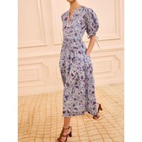 2026 Women Floral Print Midi Dress Puff Sleeve V-Neck Elastic Waist Casual Cotton Dresses