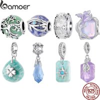 Bamoer 925 Sterling Silver Four Leaf Clover Dangle Charm Bead for Bracelet Eye of Horus Lucky Crystal Stone Pendant DIY Gift