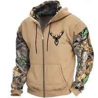 Sweat-shirt à capuche camouflage pour homme, motif cerf, mode quotidienne, vacances, chasse, marron vert, cordon de serrage, fermeture éclair, automne-hiver.