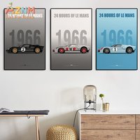 AZNM Ford GT40 1966 Le Mans 24 Hours Race Car Wall Art Print, Single Unframed Canvas Poster, Minimalist Vintage Racing Car Illus