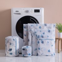 Laundry Bag Print Blue Leafves Dirty Clothes Cleaning Protect Washing Bag Household Clothes Organizer Mesh Zipper Laundry Bags