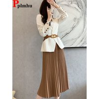 Korean Elegant 2 Piece Sets Women Office Long Sleeve Suits Coats Tops Conjuntos Spring Fall High Waist Pleated Skirts Outfit New