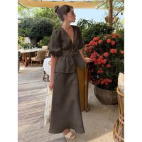 New 2026 Spring Summer Women's 100% Cotton V-Neck Lace-Up Bubble Sleeve Shirt Long Skirt Set Loose Casual Two-Piece Suit