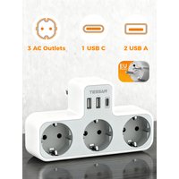 TESSAN Multiple EU Standard USB Socket Wall Socket 6-in-1 Extender Socket with 3 AC Outlets Adapter Wall Charger for Home Office