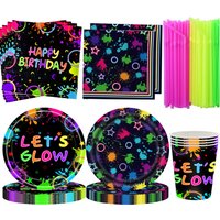 Neon Glow Happy Birthday Party Supplies Disposable Paper Plates Napkins Cups For Kids Neon Glow in the Dark Favors Decorations