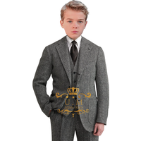 Premium Grey 3 Piece Gentleman Boys Suits Fashion Herringbone Kids Tuxedo for Wedding Prom Jacket Waistcoat Pants Tailored Set