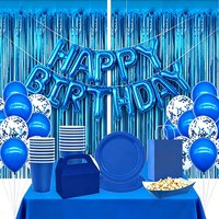 Blue Birthday Party Decor Foil Fringe Curtain Happy Birthday Banner Balloon Disposable Tableware for Boy Birthday Party Supplies