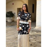 Fashion Printed Dress Set Chic Floral Fringes Short Sleeve Round Collar Cropped Top Long Tassel Skirt Summer 2026 Vacation