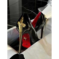2026 New Sexy Black Patent Leather Single Shoes Women's Gold Blade Thin Heel Pointed Toe Sexy Red Bottom High Heels Fashionable