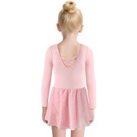 Girls Classic Long Sleeve Ballet Leotards Shiny Tutu Skirted Bodysuit Kids Gymnastics Outfits Stage Dance Wear