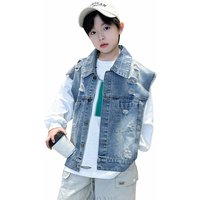 Vintage Pattern Teens Boy Ripped Denim Vests Kids Boy New Spring Fall Sleeveless Jacket Teenager Destroyed Denim Waistcoats 5-14