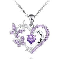 Huitan Purple/White Butterfly Love Pendant Necklace for Women Aesthetic Female Neck Accessories Wedding Party New Trendy Jewelry