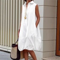 2026 Summer New women White Dress Solid Color Button- Sleeveless casual Loose fashion Collar Shirt Dress abendkleid long dresses