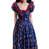 Retro Blue Floral Bubble Sleeve Dress Women's Summer New Holiday Travel Elegant Long Dress Cotton High Waist A-Line Skirt