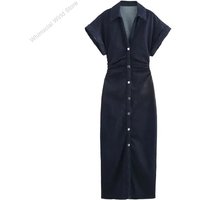 2025 women's pleated decorative short sleeved lapel denim slim fit long skirt spring new solid color slim fit dress