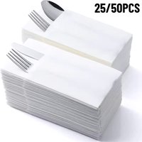 25/50PCS White Prefolded Knife Fork Napkins Built-In Pockets Disposable Knife Fork Napkins Disposable Restaurant Utensil