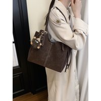 Women's Voluminous Suede Tote Bag Vintage Soft PU Shoulder Bag with Keychain Multi Layered Wallet for Daily Use