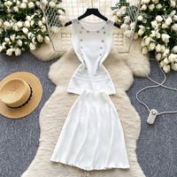 Sweet Chic Sleeveless Pullover Sweater Skirt Sets Women Korean Fashion O Neck Slim Short Pull Femme + High Waist Pleated Skirts