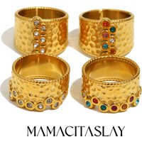 MamacitaSlay 316L Stainless Steel Multi Colored Zircon Hammer Patterned Wide Ring Party Waterproof Jewelry Women's Charm Ring