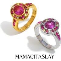 MamacitaSlay Retro 316L Stainless Steel Oval Rose Pink Zircon Ring 18K Gold Plated Waterproof Jewelry For Women Daily Party Wear