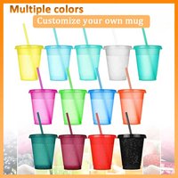 16 Oz Glitter Reusable Plastic Cup with Straws And Lids-Bright Colors Iced Coffee Water Bottle for Birthdays Travel And Parties