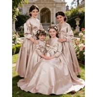 Graceful Satin Flower Girl Dress for Wedding With Bow High Waist Balloon Sleeve Princess Communion Dress Custom Kids Party Gown