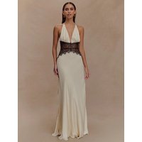 Articat Elegant Hanging Collar Satin Lace Patchwork Dress Women Sexy Deep V Backless Bodycon Party Evening Dress 2025 Summer