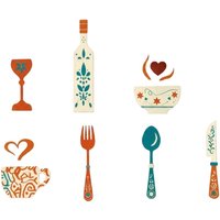 Vintage Wood Floral Kitchen Utensil Pendant Coffee Cup Wine Bottle Hand-painted Dining Room Wall Decor Set Farmhouse Style
