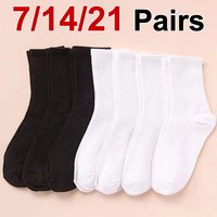 7/14/21 Pairs Women Classic Black And White Solid Color Fashionable Versatile Sweat-Absorbing Soft And Breathable Casual Socks