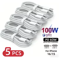 120W USB PD Fast Charging Cable 5PCS Nylon Braided Cord For iPhone 16 15 Samsung Xiaomi Huawei Android Devices 5PCS