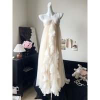 Women Elegant Long Dress Spaghetti Strap Pleated Bust Ruffle Hem Flowing Tulle Gown Romantic Fairy Style Evening Outfit