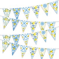 Lemon Triangle Pennant Banner, Blue and White Mediterranean Style Lemon Bunting Garland, Summer Lemon Theme Party Decorations fo