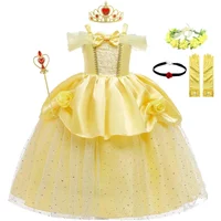 Girls Belle Cosplay Costumes Girls Dresses for Beauty Kids Party Clothing Magic Stick Crown Children Yellow Dress and The Beast