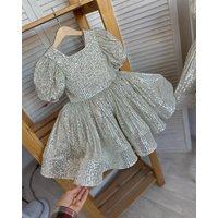 Sequin Gltter Flower Girl Dress Short Sleeves Above Knee Girl Princess Dresses Wedding Party Dress Cute Baby Girl Gown Kid Dress