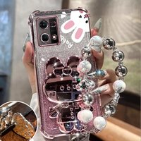 Airbag Glitter Mirror Rabbit Phone Holder Case On For Oppo Reno 4 4z 4F 5 5F 7 8 8T Lite 4G 5G Anti-knock Stand Back Cover