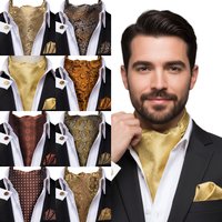 3pcs Mens Yellow Gold Floral Stripes Cravat Ascot Pocket Square Cufflinks Set Wedding Formal Casual Office