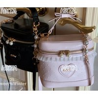 Sweet fashion lolita polka dot lace stitching bow portable cosmetic bag female large capacity versatile black make up bags women