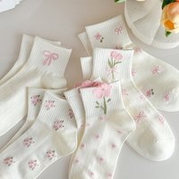 10Pairs Women Cute Floral Bow Socks Harajuku Sweet Milk White Mid Tube Socks Breathable Cotton Casual Daily Sports Ankle Socks