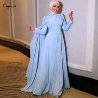 Ciynsia Elegant Muslim Hijab Evening Gown Sky Blue A-Line Chiffon with Beading Dubai Arabic Wedding Party Dress Customized