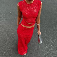 Red Sexy Hook Flower Hollow Lace Set Two Piece Crew Neck Crop Top and Fishtail Skirt Woman Outfit Spring Summer Slim Ladies Suit