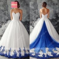 White Tulle Blue Lace Applique Strapless Floor Length Lace-Up Back Wedding Formal Prom Dresses Bridal Gown Customized Made W19-5