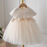 Baby Girl Princess Bow Pearl Silk Dress White Clothing Infant Toddler Vintage Vestido Wedding Party Birthday Baby Clothes
