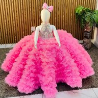 Customized Hot Pink Flower Girl Dresses For Wedding Fluffy Tiered High Collar Crystal Princess Birthday Party Evening Ball Gown